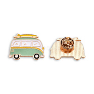 Bus Shape Enamel Pin, Light Gold Plated Alloy Vehicle Badge for Backpack Clothes, Nickel Free & Lead Free, Aquamarine, 22x28.5mm(JEWB-N007-181)