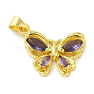 Brass with Glass Pendants, Real 18K Gold Plated, Butterfly, Lilac, 23x20x4mm, Hole: 5x3.5mm(KK-Z042-01G-02)