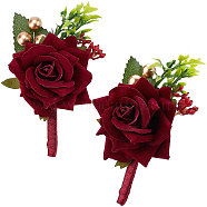 daSilk 2Pcs Rose Flower Silk Brooch with Plastic, Imitation Flower Brooch for Wedding, Party Decorations, Dark Red, 104~109x45~54x64~78mm, Pin: 0.7mm(AJEW-CP0001-64)