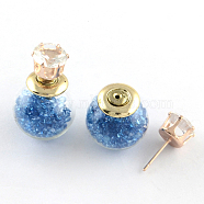 Double Sided Glass Ball Stud Earrings, with Resin Rhinestones and Golden Iron Pins, Steel Blue, 16mm, 8mm, Pin: 0.7mm(X-EJEW-R104-06F)