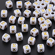 Opaque White Acrylic Beads, Metal Enlaced, Cube with Letters, Letter.X, 4.5mm, Hole: 2mm, about 5000pcs/500g(MACR-Q242-010X)