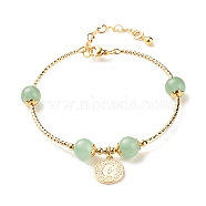 Brass Coin Charm Bracelet with Natural Green Aventurine, Gemstone Jewelry for Women, Golden, Inner Diameter: 2-1/4 inch(5.8cm)(BJEW-TA00116-01)