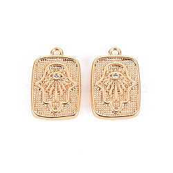 Brass Micro Pave Clear Cubic Zirconia Pendants, Nickel Free, Rectangle with Hamsa Hand, Real 18K Gold Plated, 16.5x10.5x1.5mm, Hole: 1.2mm(KK-T062-136G-NF)