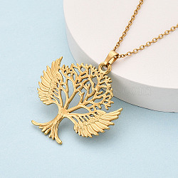 304 Stainless Steel Pendant Necklaces, Tree & Wing, Ion Plating(IP), Real 18K Gold Plated, 17.72~18.11 inch(45~46cm)(NJEW-T018-09G)