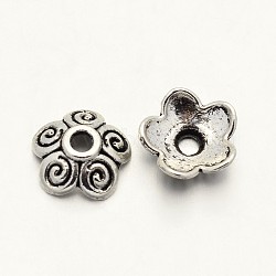 Tibetan Style 5-Petal Zinc Alloy Bead Caps, Antique Silver, 10x3.5mm, Hole: 2mm(X-PALLOY-N0111-06AS)
