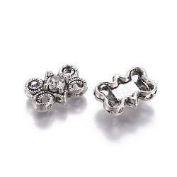 Alloy Multi- Strand Links, with Rhinestone, Flower, Antique Silver, 14x10x5mm, Hole: 1.5mm(PALLOY-E547-01AS)