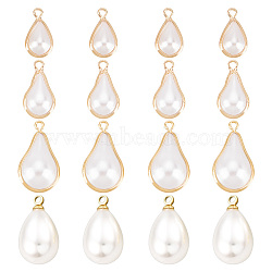 16pcs 4 style ABS Plastic Imitation Pearl Pendants, with Brass Findings, Real 18K Gold Plated, Mixed Shape, Creamy White, 12.5~17.5x5.5~10mm, Hole: 1~1.5mm, 4pcs/style(KK-BC0009-40)