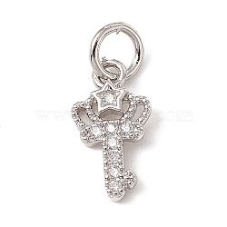 Brass Micro Pave Cubic Zirconia Charms, with Jump Rings, Crown Key with Star Charms, Platinum, 12x7x1.5mm, Hole: 3.4mm(ZIRC-F132-10P)