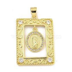 Rack Plating Brass Micro Pave Clear Cubic Zirconia Pendants, Cadmium Free & Lead Free, Rectangle with Virgin Mary Charms, Real 18K Gold Plated, 33x24x2mm, Hole: 5x4mm(KK-Z053-09G)