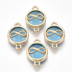 Glass Links Connectors, with Light Gold Plated Alloy Findings, Flat Round with Infinity, Light Sky Blue, 19.5x13.5x5.5mm, Hole: 1.6mm(X-GLAA-T015-08D)