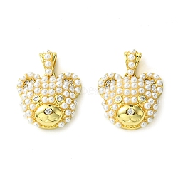 Rack Plating Brass with ABS Imitation Pearl Charms, with Cubic Zirconia, Long-Lasting Plated, Lead Free & Cadmium Free, Bear Head, Real 18K Gold Plated, 13x15x6mm, Hole: 2x4mm(KK-G501-13G)