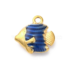 304 Stainless Steel Enamel Pendants, Ion Plating(IP), Real 18K Gold Plated, Fish, Blue, 12.5x12x4mm, Hole: 1.2mm(STAS-B085-38G-01)