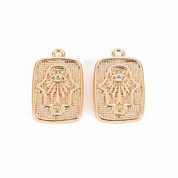 Brass Micro Pave Clear Cubic Zirconia Pendants, Nickel Free, Rectangle with Hamsa Hand, Real 18K Gold Plated, 16.5x10.5x1.5mm, Hole: 1.2mm