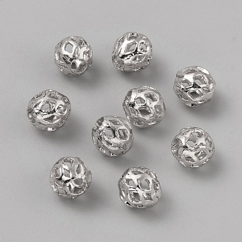 Hollow Brass Beads, Round, Platinum, 6mm, Hole: 2mm