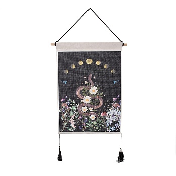 Bohemia Style Cloth Wall Hanging Tapestry, Vertical Tapestry, with Wood Rod & Iron Traceless Nail & Cord, for Home Decoration, Rectangle, Snake Pattern, 850mm