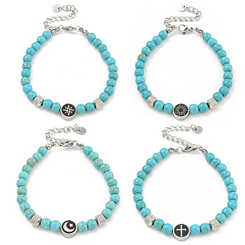 304 Stainless Steel & Synthetic Turquoise Round Beaded Bracelets for Women, Mixed Shapes, 7-1/8 inch(18.2cm)