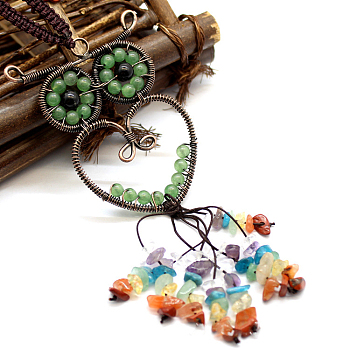 Green Aventurine Owl Pendant Decorations, Colorful Gemstone Chip Beaded Tassel Hanging Ornament, with Metal Frame, 180mm