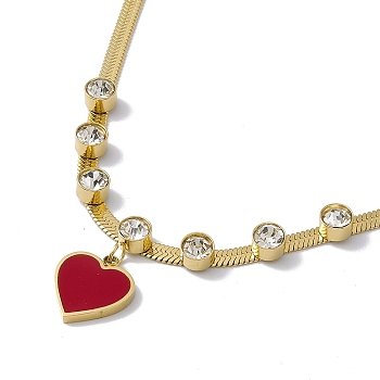 Red Acrylic Heart & Crystal Rhinestone Pendant Necklace with Herringbone Chains, Ion Plating(IP) 304 Stainless Steel Jewelry for Women, Golden, 16.34 inch(41.5cm)