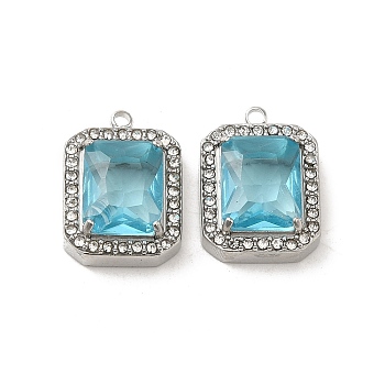 304 Stainless Steel Pendants, with Glass Rhinestone, Rectangle Charms, Sky Blue, 16x11.5x4.5mm, Hole: 1.4mm