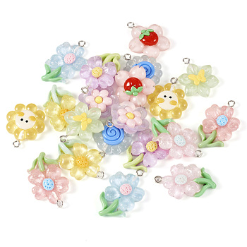 20Pcs 10 Styles Translucent Resin & Acrylic Pendants, Flower Charms with Platinum Plated Iron Loops, Mixed Color, 23.5~30x19~21.5x5~7.5mm, Hole: 1.5mm, 2pcs/style
