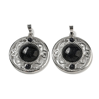 Synthetic Blue Goldstone Pendants, Rack Plating Brass Hollow Flat Round Charms, Cadmium Free & Lead Free, Platinum, 36.5x33x9.5mm, Hole: 7.5x5mm