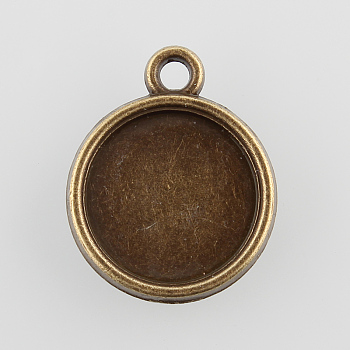 Vintage Flat Round Alloy Pendant Cabochon Settings, Cadmium Free & Nickel Free & Lead Free, Antique Bronze, Tray: 12mm, 18x15x3mm, Hole: 1.5mm