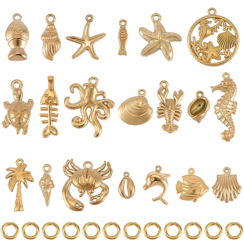 20Pcs 20 Styles Ocean Theme 304 Stainless Steel Pendants, Mixed Shapes, Ion Plating(IP), with 20Pcs Iron Jump Rings, Golden, 10.5~32x4~20x2~6mm, Hole: 0.9~5mm, 1pc/style