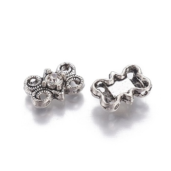Alloy Multi- Strand Links, with Rhinestone, Flower, Antique Silver, 14x10x5mm, Hole: 1.5mm
