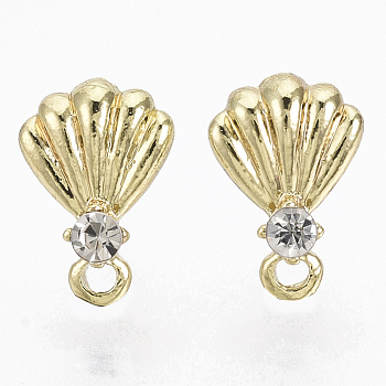 Alloy Stud Earring Findings, with Loop, with Crystal Rhinestone and Cupronickel Pin, Shell Shape, Golden, 11x7.5mm, Hole: 1.4mm, Pin: 0.7mm