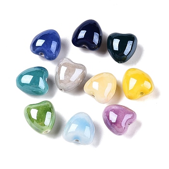 Handmade Porcelain Beads, Bright Glazed Porcelain, Heart, Mixed Color, 13x12x9mm, Hole: 1.5mm