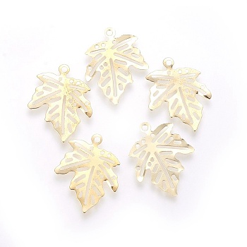 Autumn Theme Iron Filigree Pendants, Maple Leaf, Golden, 22x18x0.5mm, Hole: 1.5mm