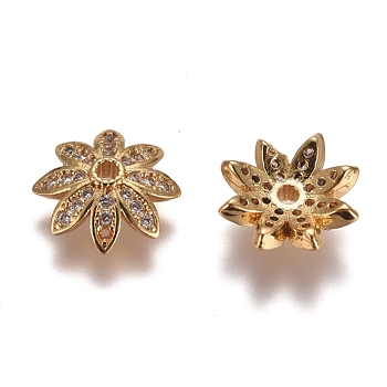 Multi-Petal Brass Micro Pave Clear Cubic Zirconia Bead Caps, Flower, Golden, 11x3.5mm, Hole: 1.4mm
