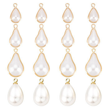 16pcs 4 style ABS Plastic Imitation Pearl Pendants, with Brass Findings, Real 18K Gold Plated, Mixed Shape, Creamy White, 12.5~17.5x5.5~10mm, Hole: 1~1.5mm, 4pcs/style