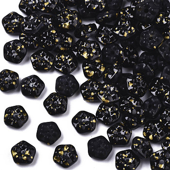 Spray Painted Glass Beads, with Gold Foil, Flower, Black, 6x3mm, Hole: 0.9mm
