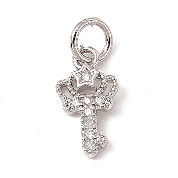 Brass Micro Pave Cubic Zirconia Charms, with Jump Rings, Crown Key with Star Charms, Platinum, 12x7x1.5mm, Hole: 3.4mm