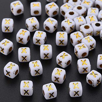 Opaque White Acrylic Beads, Metal Enlaced, Cube with Letters, Letter.X, 4.5mm, Hole: 2mm, about 5000pcs/500g