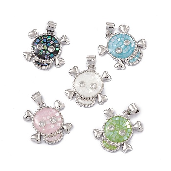 Halloween Natural Shell Pendants, Skull Charms, Dyed, with Rack Plating Platinum Tone Brass Findings, Long-Lasting Plated, Mixed Color, 19.5x18.5x3mm, Hole: 4x3.5mm