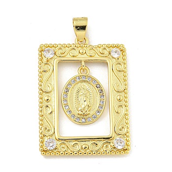 Rack Plating Brass Micro Pave Clear Cubic Zirconia Pendants, Cadmium Free & Lead Free, Rectangle with Virgin Mary Charms, Real 18K Gold Plated, 33x24x2mm, Hole: 5x4mm