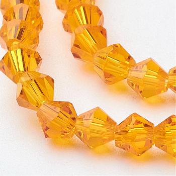 Orange Glass Bicone Beads Strands, Faceted, 4x4mm, Hole: 1mm, about 88~89pcs/strand, 12.99~13.39 inch
