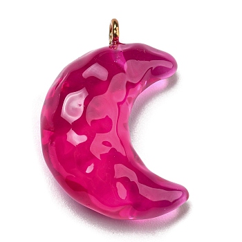 Transparent Resin Moon Pendants, Crescent Moon Charms with Light Gold Plated Iron Loops, Camellia, 28x20x9.5mm, Hole: 1.8mm