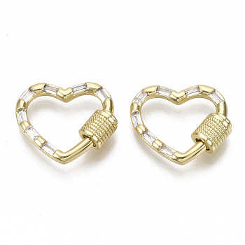 Brass Micro Pave Cubic Zirconia Screw Carabiner Lock Charms, for Necklaces Making,  Nickel Free, Heart, Real 18K Gold Plated, Clear, 16x19x2.5mm, Screw: 5x5mm