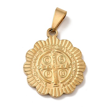 Vacuum Plating 201 Stainless Steel Pendants, Flower with Cssml Ndsmd Cross God Father Religious Christianity, Golden, 25.5x22x2mm, Hole: 7x4mm