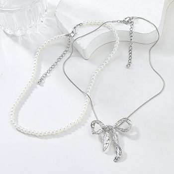 Fashionable Necklace Sets, Alloy Bowknot Pendant Necklace & Plastic Pearl Beaded Necklaces for Women, Platinum, 16.77~17.09 inch(42.6~43.4cm), 2pcs/set