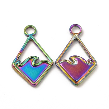 Ion Plating(IP) 304 Stainless Steel Pendants, Rhombus with Ocean Charms, Rainbow Color, 21.5x13.5x1.5mm, Hole: 3mm