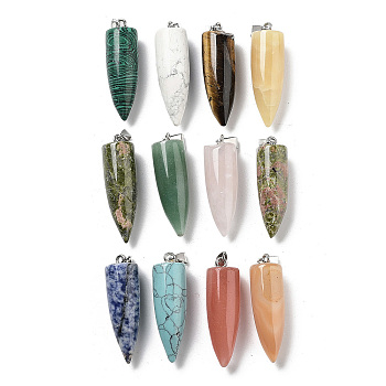 Natural & Synthetic Mixed Gemstone Pointed Pendants, Bullet Shape Charms with Platinum Plated Iron Snap on Bails, 43~46x14mm, Hole: 8.5x4mm