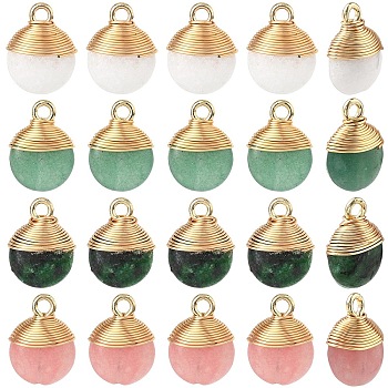 4Pcs 4 Styles Natural White Jade & Green Aventurine & Ruby in Zoisite Flat Round Charms, with Golden Tone Copper Wire Wrapped and Iron Loops, Mixed Dyed and Undyed, 14~15x10~11x5~6mm, Hole: 1.5~2mm, 1pc/style