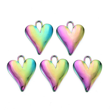 201 Stainless Steel Pendants, Heart, Rainbow Color, 33x25x3mm, Hole: 4.5x10mm
