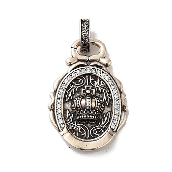 Rack Plating Brass Micro Pave Cubic Zirconia with Sea shell Pendants, Cadmium Free & Lead Free, Oval with Crown, Antique Silver, 31x21.5x5mm, Hole: 6x3.5mm