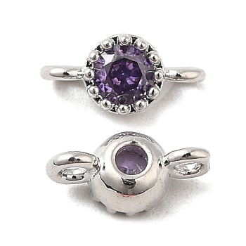 Brass Pave Purple Glass Connector Charms, Single Stone Flat Round Links, Platinum, 8x4x3mm, Hole: 1.2mm