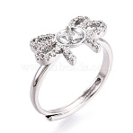 Bowknot Shape Brass Micro Pave Clear Cubic Zirconia Adjustable Ring Settings, for Half Drilled Beads, Cadmium Free & Nickel Free & Lead Free, Real Platinum Plated, Pin: 0.9mm, 10.3mm, Inner Diameter: 17~18.5mm(KK-T076-48P)